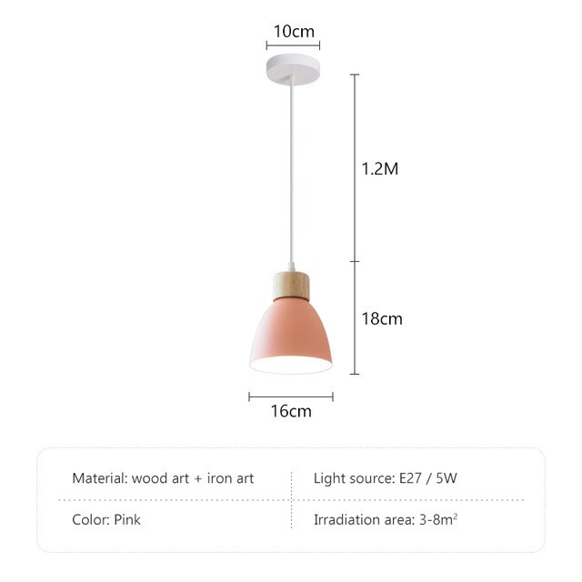 This picture shows a nordic macaron wooden minimalist pendant light with 1 head in color pink in size 16cm.