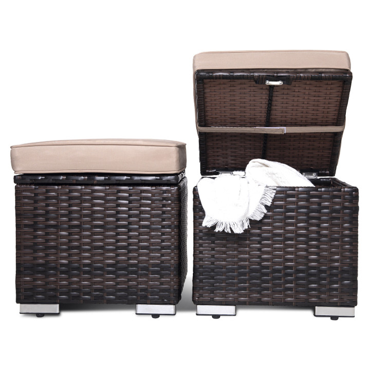 Outdoor Ottoman Patio Foot Rest 2 Pieces PE Rattan Foot Stool with Storage Brown.