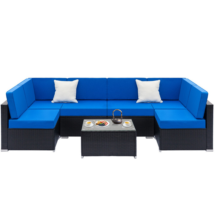 Weaving Rattan Sofa Set with 2pcs Corner Sofas & 4pcs Single Sofas & 1 pcs Coffee Table Black