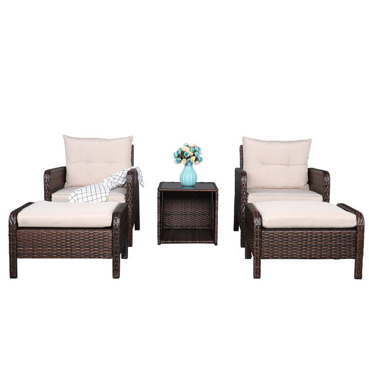 2Pcs Single Sofa 2Pcs Footstool &1Pc Coffee Table Round Corner Armrests Rattan Set