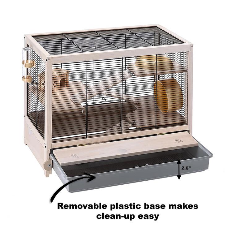 Wooden hamster cage with ample space, multiple levels, and accessories for hamster to play and explore.