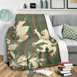 Scottish Menzies Green Ancient Clan Tartan Blanket -  Lion Thistle Map Style Scottish Plaid Tartan Plaid