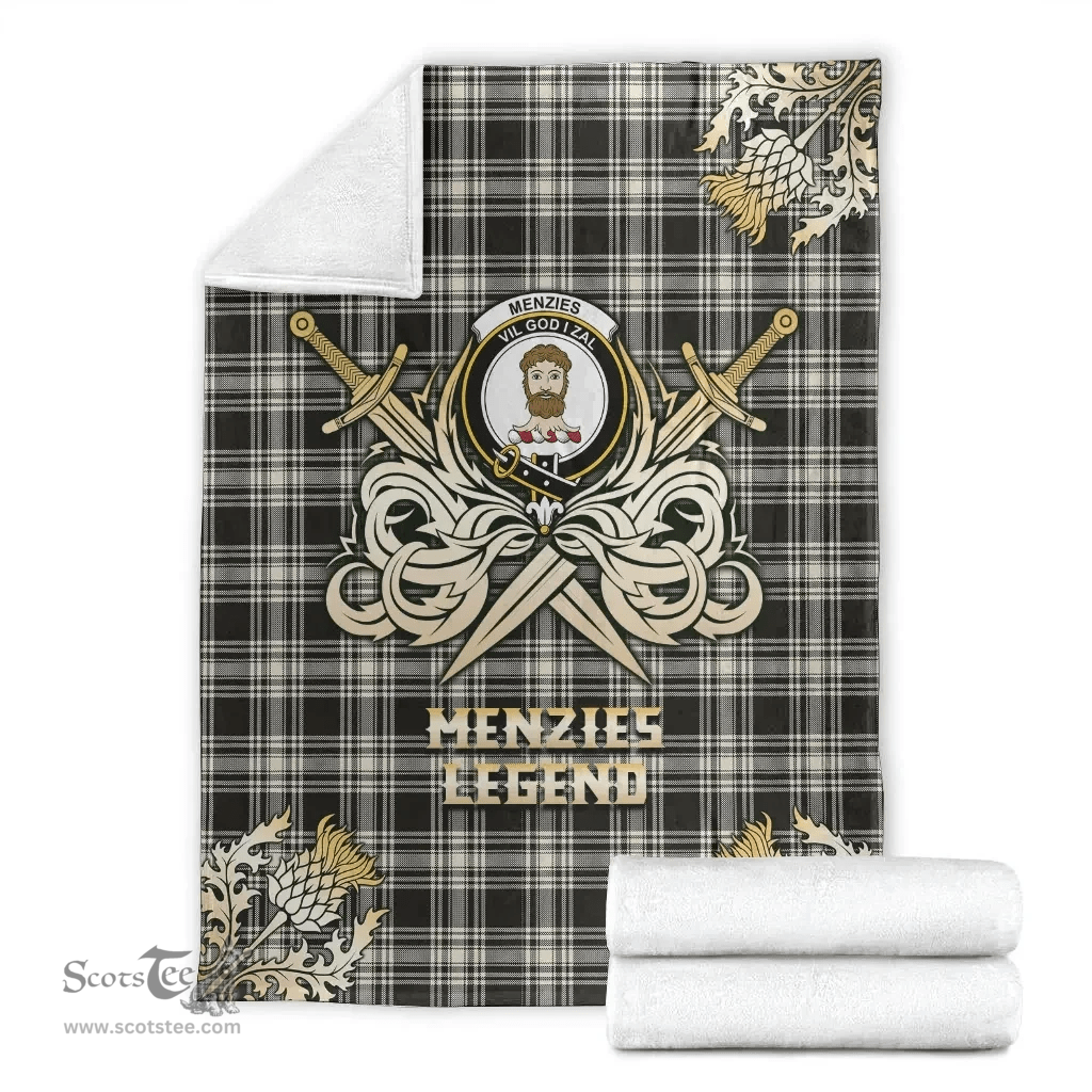 Scottish Premium Blanket Menzies Black & White Ancient Clan Tartan Blanket - Gold Courage Style Scottish Plaid Tartan Plaid