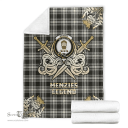 Scottish Premium Blanket Menzies Black & White Ancient Clan Tartan Blanket - Gold Courage Style Scottish Plaid Tartan Plaid