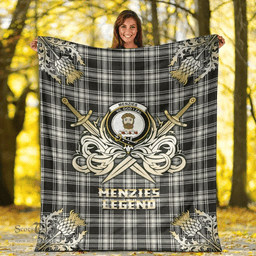 Scottish Premium Blanket Menzies Black & White Ancient Clan Tartan Blanket - Gold Courage Style Scottish Plaid Tartan Plaid