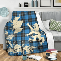 Scottish Ramsay Blue Ancient Clan Tartan Blanket -  Lion Thistle Map Style Scottish Plaid Tartan Plaid