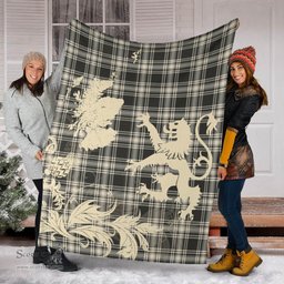 Scottish Menzies Black _ White Ancient Clan Tartan Blanket -  Lion Thistle Map Style Scottish Plaid Tartan Plaid