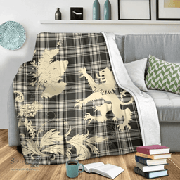 Scottish Menzies Black _ White Ancient Clan Tartan Blanket -  Lion Thistle Map Style Scottish Plaid Tartan Plaid