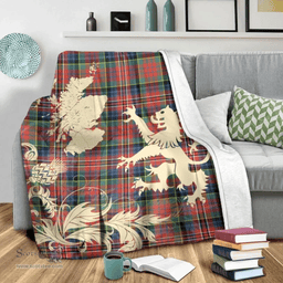 Scottish MacPherson Ancient Clan Tartan Blanket -  Lion Thistle Map Style Scottish Plaid Tartan Plaid