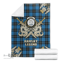 Scottish Premium Blanket Ramsay Blue Ancient Clan Tartan Blanket - Gold Courage Style Scottish Plaid Tartan Plaid