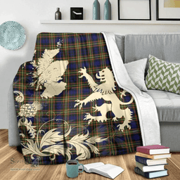 Scottish MacLellan Modern Clan Tartan Blanket -  Lion Thistle Map Style Scottish Plaid Tartan Plaid