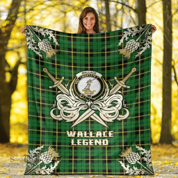Scottish Premium Blanket Wallace Hunting Green Clan Tartan Blanket - Gold Courage Style Scottish Plaid Tartan Plaid