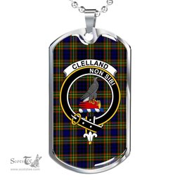 Scottish Clelland Clan Tartan Dog Tag Necklace - Crest Classic Scottish Plaid Tartan Plaid