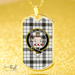 ScottishPlaid MacFarlane Black and White (Wallace/Wallas Dress #3) Weathered Clan Tartan Dog Tag Necklace - Crest Classic Scottish Plaid Tartan Plaid
