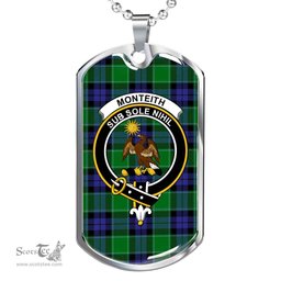 Scottish Monteith Clan Tartan Dog Tag Necklace - Crest Classic Scottish Plaid Tartan Plaid