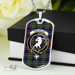 Scottish Colville Clan Tartan Dog Tag Necklace - Crest Classic Scottish Plaid Tartan Plaid