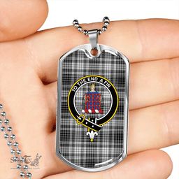 ScottishPlaid Ogilvie Black & White Weathered Clan Tartan Dog Tag Necklace - Crest Classic Scottish Plaid Tartan Plaid