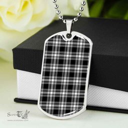 Scottish Menzies Black & White Modern Clan Tartan Dog Tag Necklace - Classic Scottish Plaid Tartan Plaid