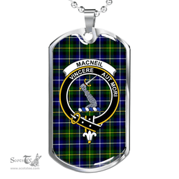 Scottish MacNeill of Barra Clan Tartan Dog Tag Necklace - Crest Classic Scottish Plaid Tartan Plaid