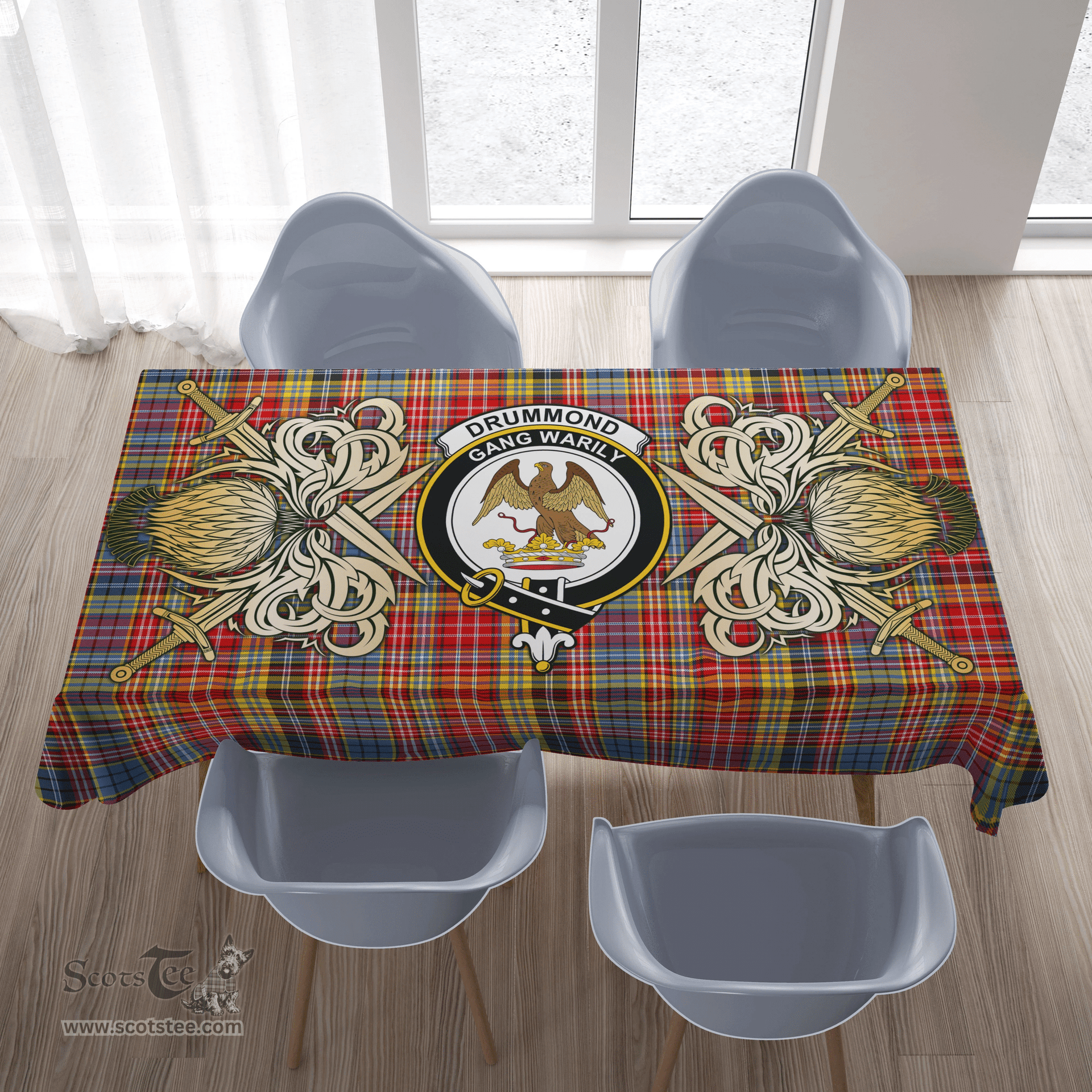 Scottish Tablecloth Drummond of Strathallan Clan Crest Courage Symbol Special Version Scottish Plaid Tartan Plaid