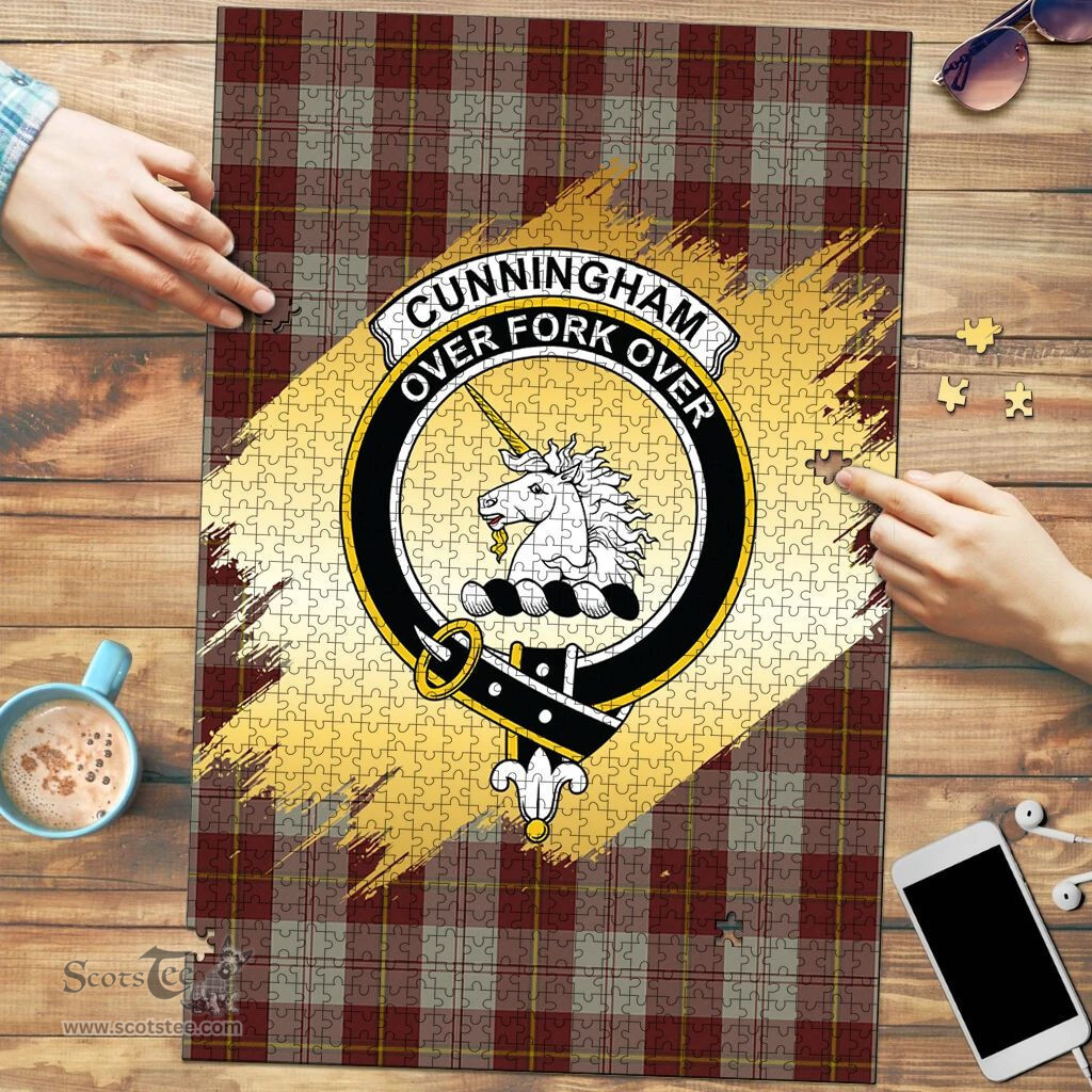 Scottish Cunningham Burgundy Dancers Clan Tartan Puzzle - Gold Style Scottish Plaid Tartan Plaid