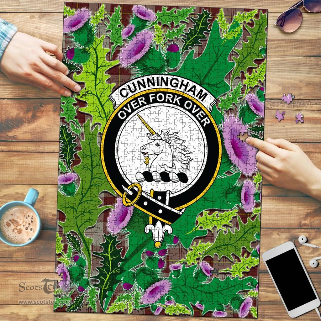Scottish Cunningham Burgundy Dancers Clan Tartan Puzzle - Thistle Pattern Style Scottish Plaid Tartan Plaid