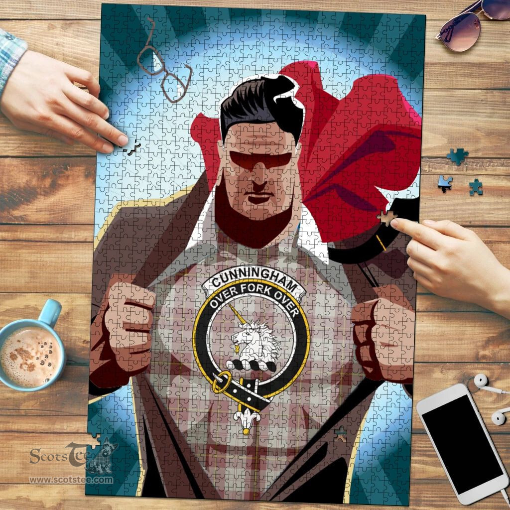 Scottish Cunningham Burgundy Dancers Clan Tartan Puzzle - Supper Hero Style Scottish Plaid Tartan Plaid