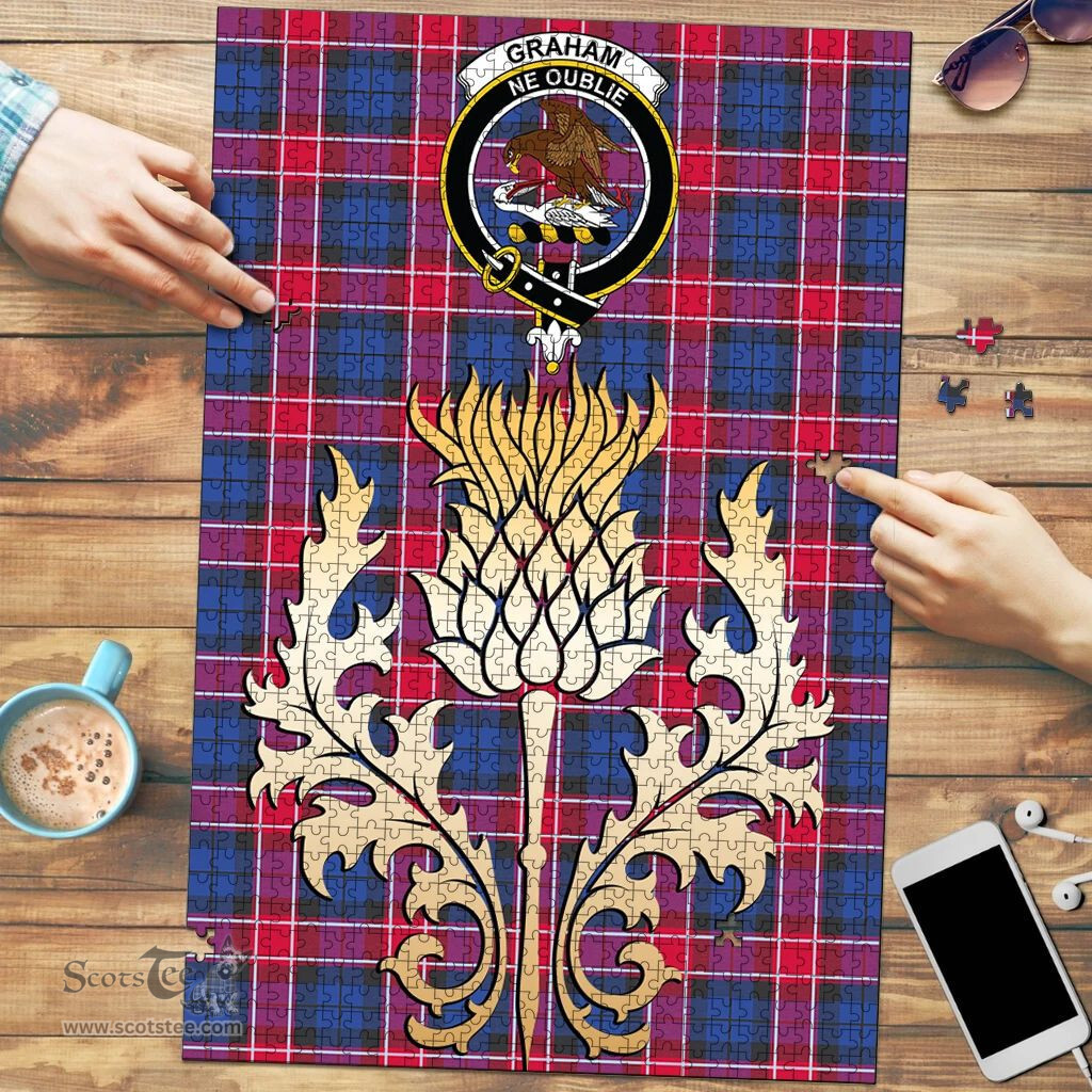 Scottish Graham of Menteith Red Clan Tartan Puzzle - Thistle Gold Style Scottish Plaid Tartan Plaid