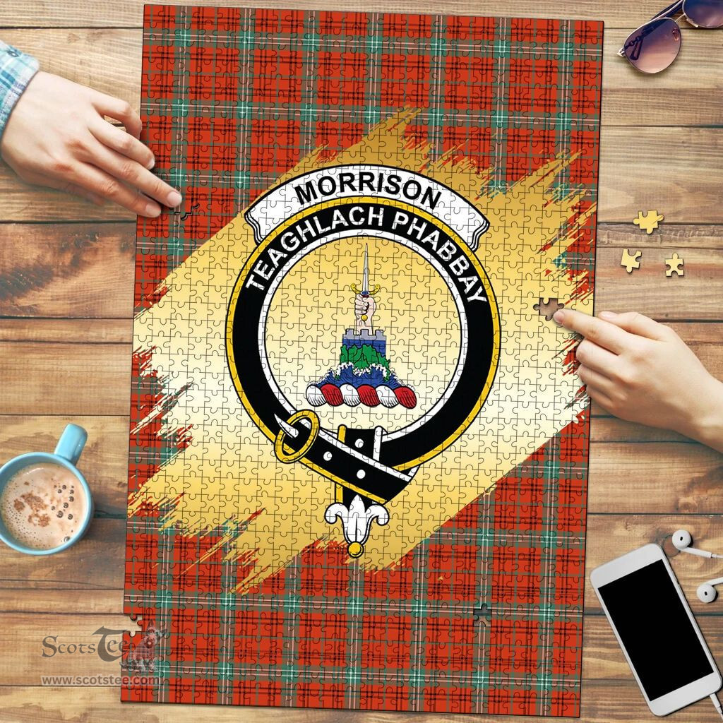 Scottish Morrison Red Ancient Clan Tartan Puzzle - Gold Style Scottish Plaid Tartan Plaid
