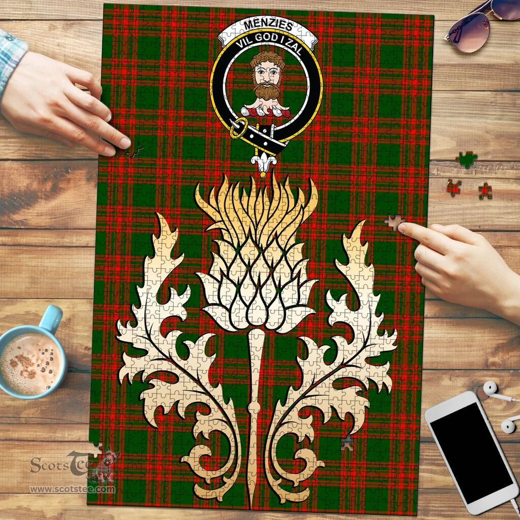 Scottish Menzies Green Modern Clan Tartan Puzzle - Thistle Gold Style Scottish Plaid Tartan Plaid