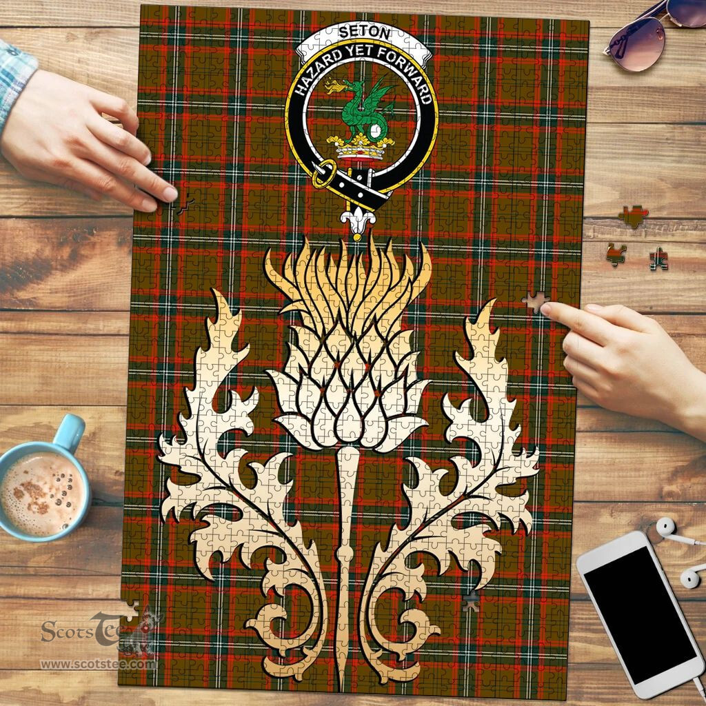 Scottish Seton Hunting Modern Clan Tartan Puzzle - Thistle Gold Style Scottish Plaid Tartan Plaid