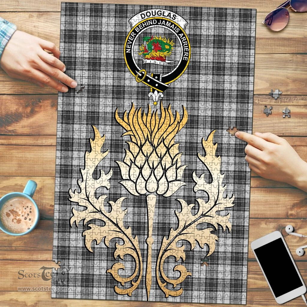 Scottish Douglas Grey Modern Clan Tartan Puzzle - Thistle Gold Style Scottish Plaid Tartan Plaid