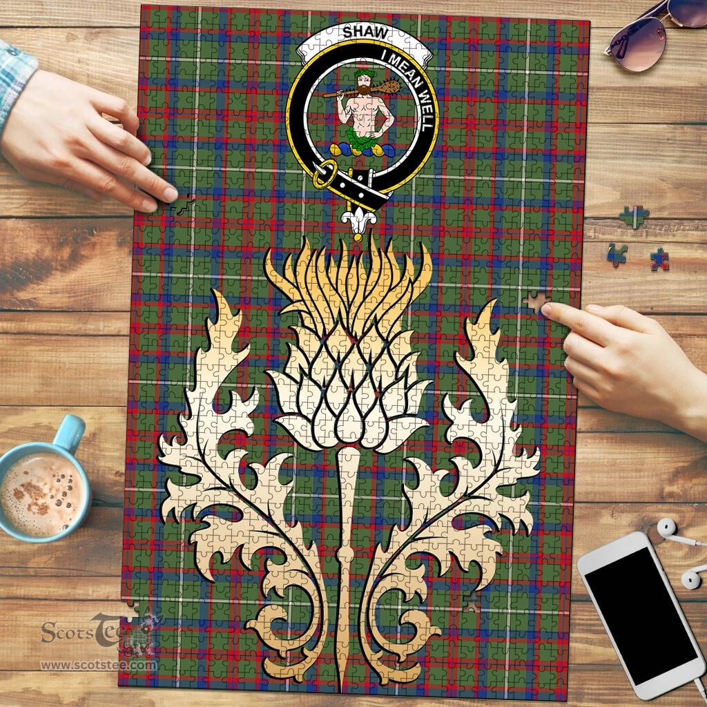 Scottish Shaw Green Modern Clan Tartan Puzzle - Thistle Gold Style Scottish Plaid Tartan Plaid