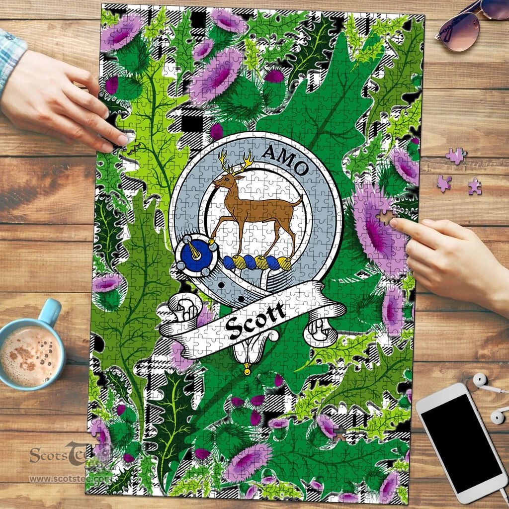 Scottish Scott Black White Modern Clan Tartan Puzzle - Thistle Pattern Style Scottish Plaid Tartan Plaid
