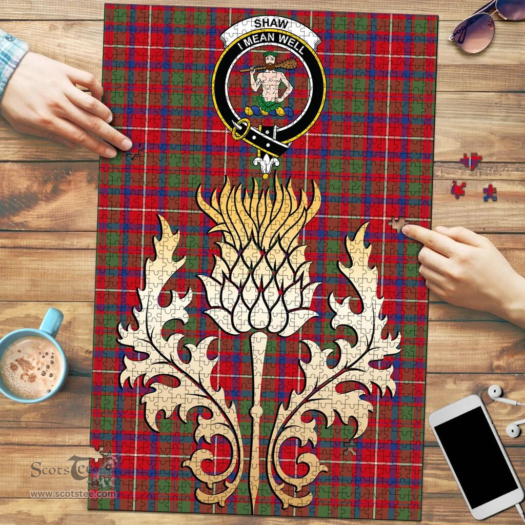 Scottish Shaw Red Modern Clan Tartan Puzzle - Thistle Gold Style Scottish Plaid Tartan Plaid