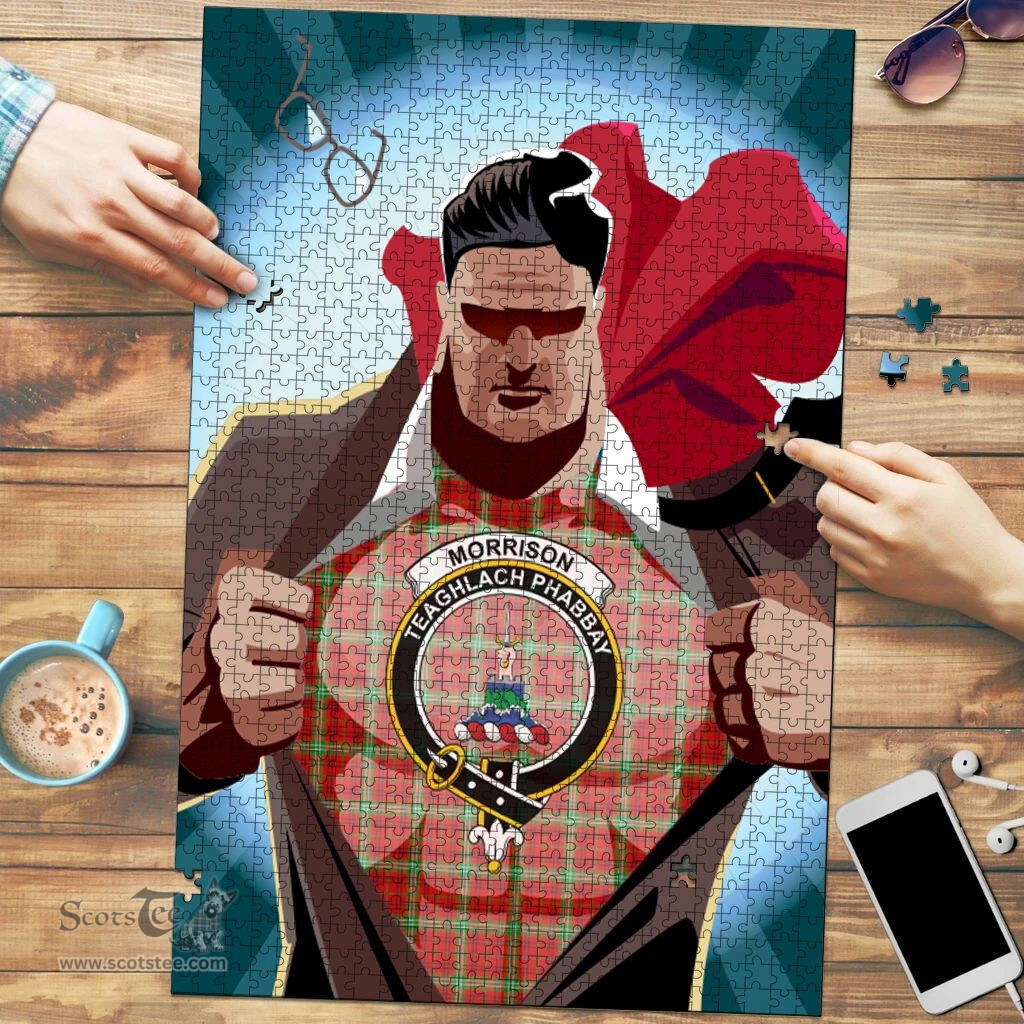 Scottish Morrison Red Modern Clan Tartan Puzzle - Supper Hero Style Scottish Plaid Tartan Plaid