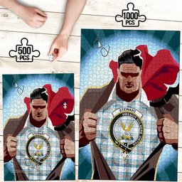 Scottish Stewart Muted Blue Clan Tartan Puzzle - Supper Hero Style Scottish Plaid Tartan Plaid