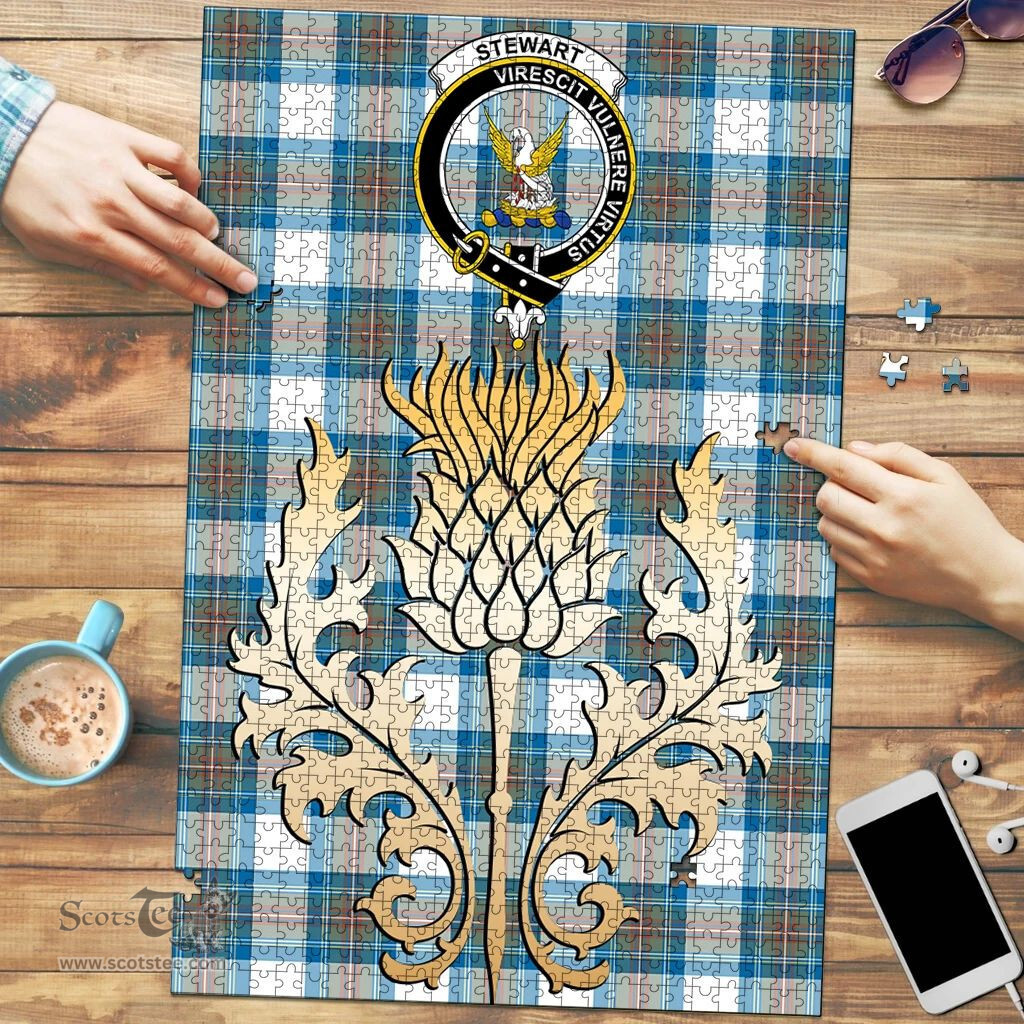 Scottish Stewart Muted Blue Clan Tartan Puzzle - Thistle Gold Style Scottish Plaid Tartan Plaid