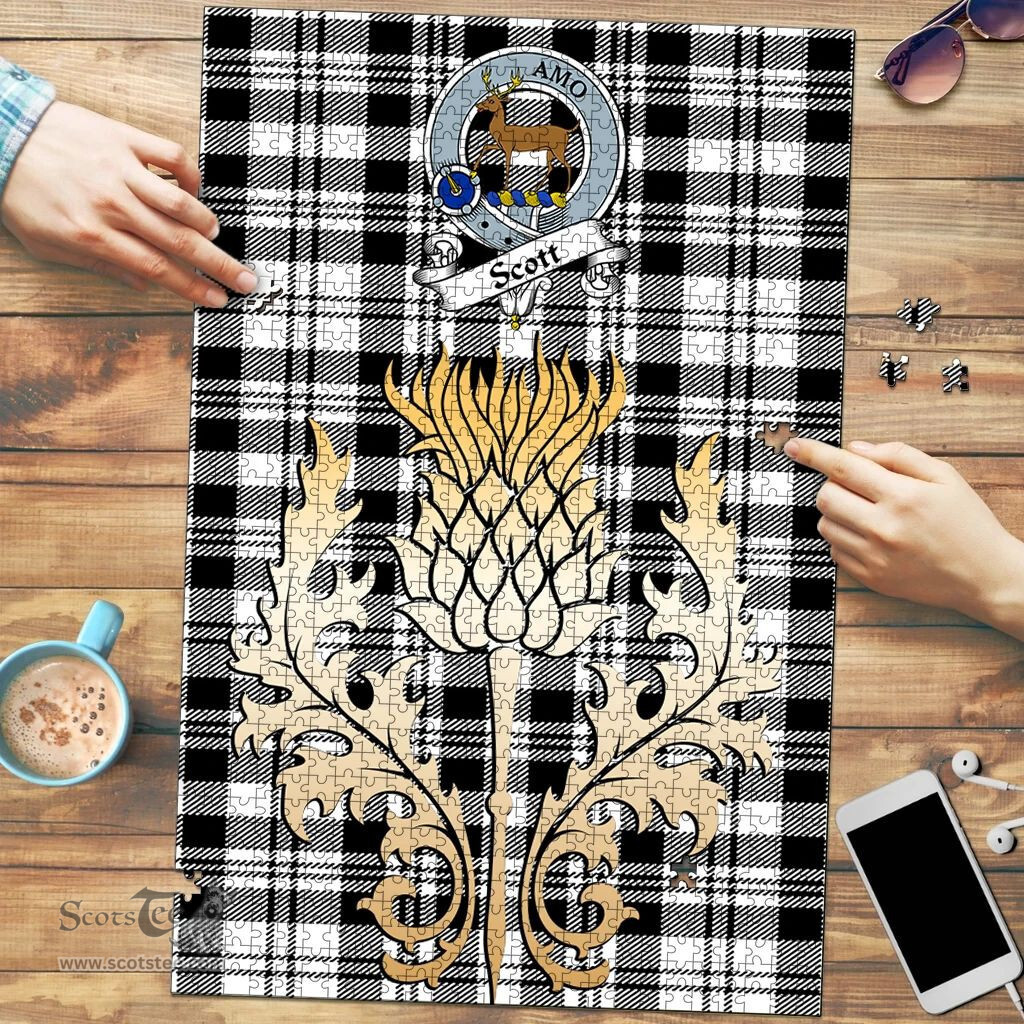 Scottish Scott Black White Modern Clan Tartan Puzzle - Thistle Gold Style Scottish Plaid Tartan Plaid