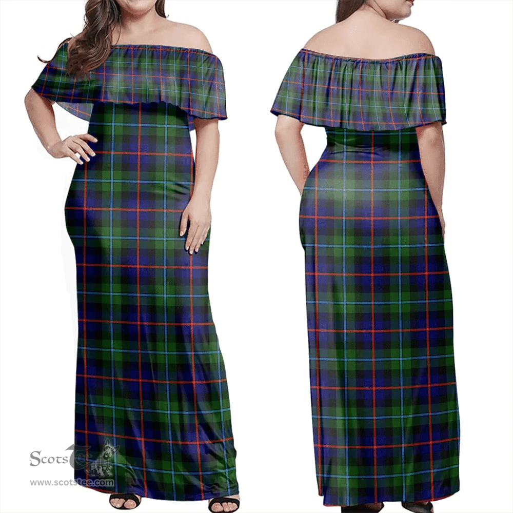 Scottish Campbell Of Cawdor Modern Clan Tartan Off Shoulder Long Dress - Classic Scottish Plaid Tartan Plaid
