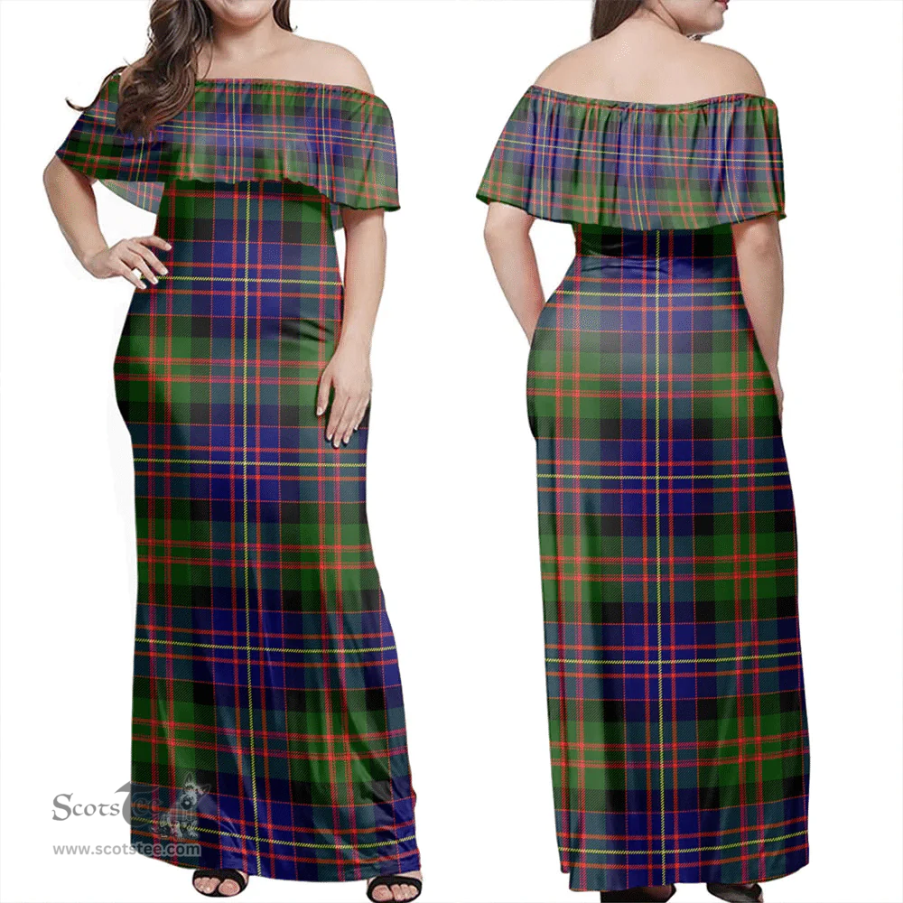 Scottish Cameron Of Erracht Modern Clan Tartan Off Shoulder Long Dress - Classic Scottish Plaid Tartan Plaid