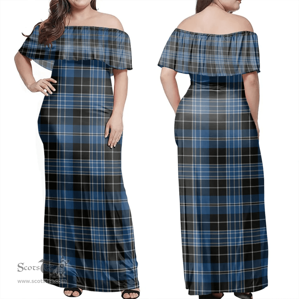 Scottish Clergy Blue Clan Tartan Off Shoulder Long Dress - Classic Scottish Plaid Tartan Plaid