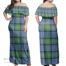 Scottish Bowie Ancient Clan Tartan Off Shoulder Long Dress - Classic Scottish Plaid Tartan Plaid