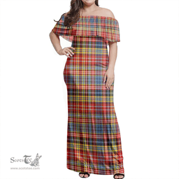 Scottish Drummond Of Strathallan Clan Tartan Off Shoulder Long Dress - Classic Scottish Plaid Tartan Plaid