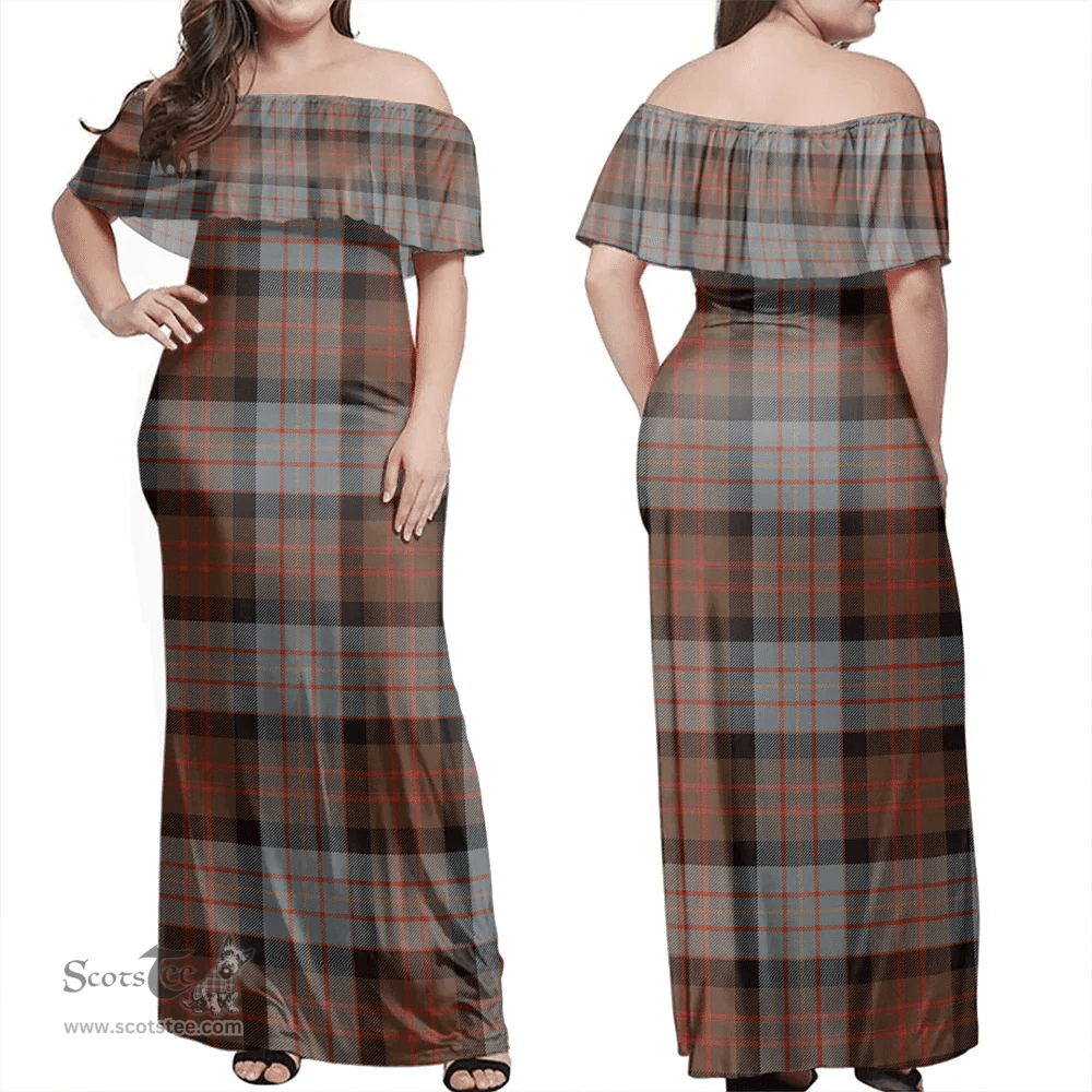 Scottish Cameron Of Erracht Weathered Clan Tartan Off Shoulder Long Dress - Classic Scottish Plaid Tartan Plaid