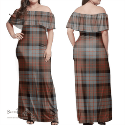 Scottish Cameron Of Erracht Weathered Clan Tartan Off Shoulder Long Dress - Classic Scottish Plaid Tartan Plaid