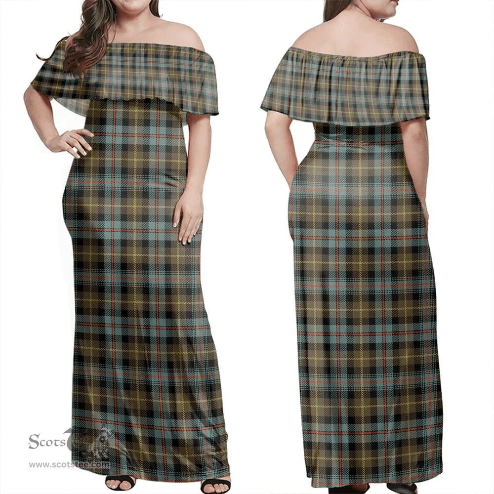 Scottish Farquharson Weathered Clan Tartan Off Shoulder Long Dress - Classic Scottish Plaid Tartan Plaid