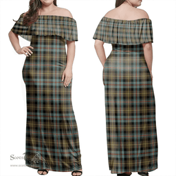 Scottish Farquharson Weathered Clan Tartan Off Shoulder Long Dress - Classic Scottish Plaid Tartan Plaid