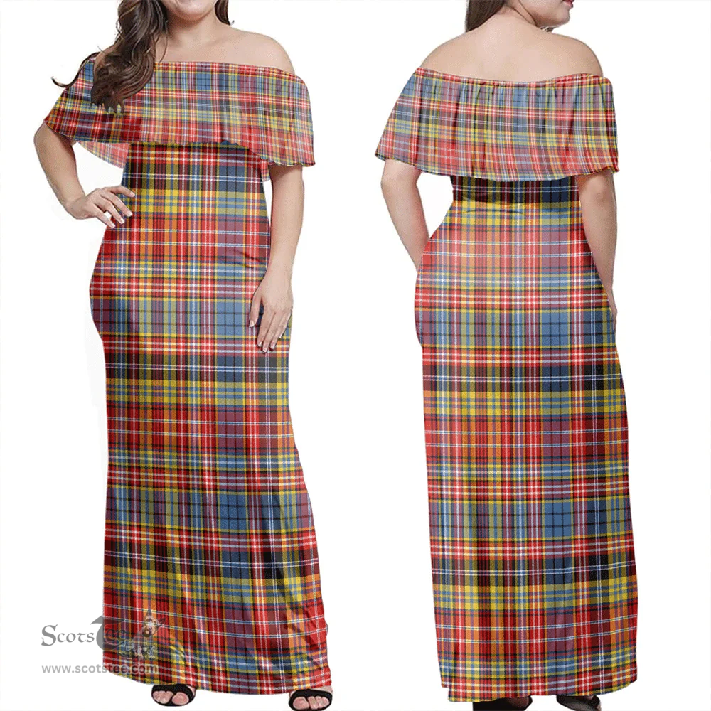 Scottish Drummond Of Strathallan Clan Tartan Off Shoulder Long Dress - Classic Scottish Plaid Tartan Plaid