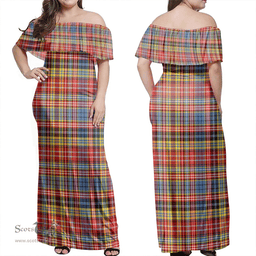 Scottish Drummond Of Strathallan Clan Tartan Off Shoulder Long Dress - Classic Scottish Plaid Tartan Plaid